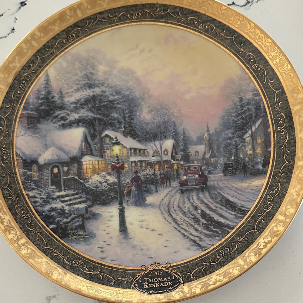 Thomas Kinkade Winter Village Plate with Gold and Black Accents